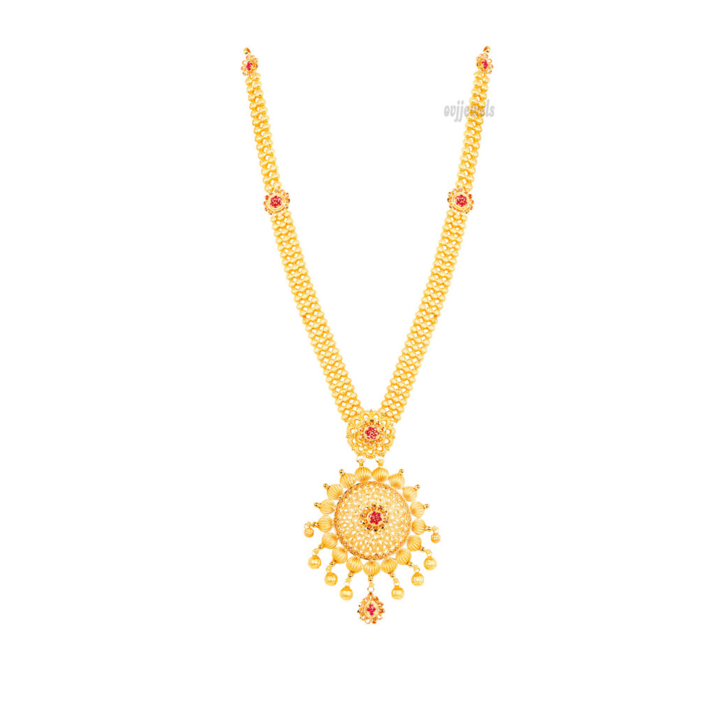 Gold Flower Pendent Fancy Stone Long Necklace