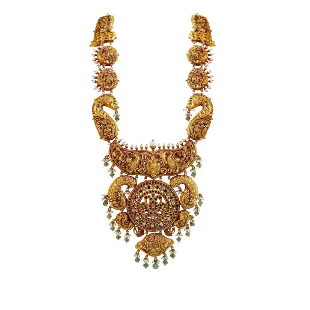 Gold antique bridal peacock long necklace