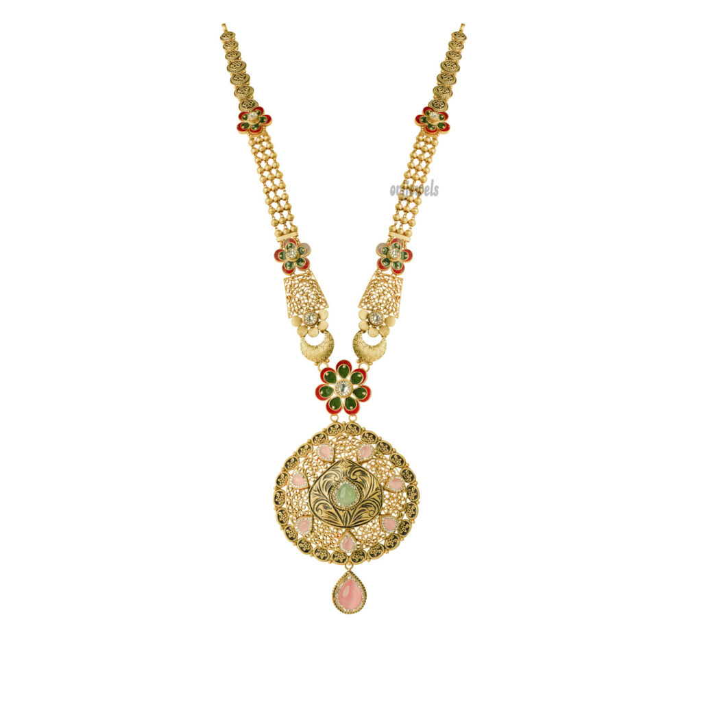 Gold antique designer flower long necklace