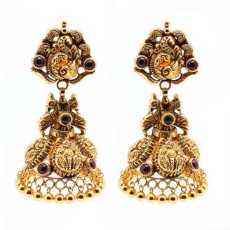 Antique Gold Finish Peacock Temple Jhumka