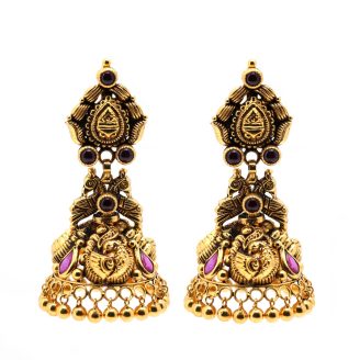 Antique Gold Temple Drop Peacock Jhumka