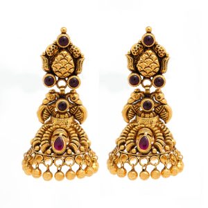 Gold Antique Jhumka with Ruby Stones