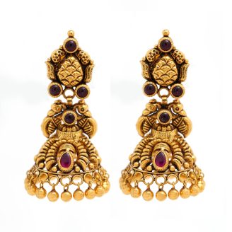 Gold Antique Jhumka with Ruby Stones