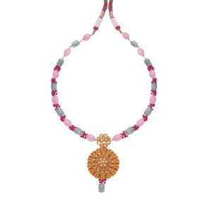 Gold Floral Pendant Necklace with Pink Tourmaline & Aquamarine Beads
