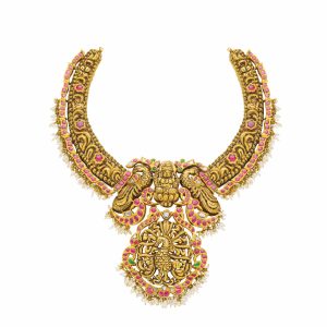 Luxury Gold Peacock Bridal Necklace with Ruby Stones and Pearl Dangles