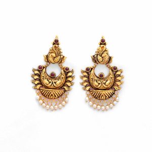 Matte Gold Peacock Chandbali Earrings with Pearl Drops