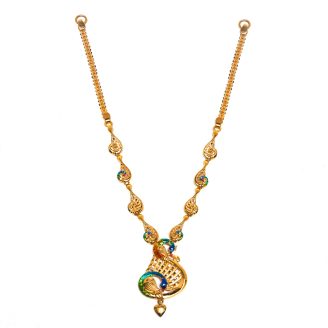916 Gold Peacock Enamel Necklace with Heart Drop