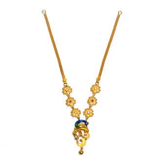 916 Gold Peacock Enamel Necklace with Floral Motifs