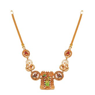 916 Gold Antique Temple Necklace with Enamel Meenakshi Pendant & CZ Stones