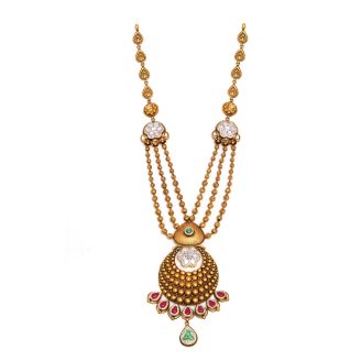 Regal 22K Antique Gold Layered Necklace with Floral Motifs and Gemstone Drops