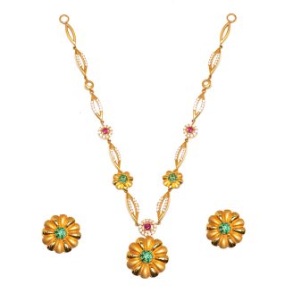 Elegant 22K Gold Floral Necklace Set with Emerald & Ruby