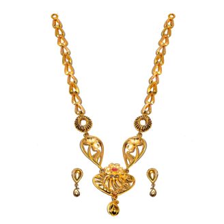 916 Gold Fancy Floral Necklace Set with Matching Drop Earrings