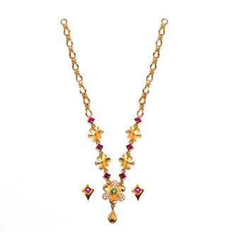 916 Gold Floral Stone Necklace Set with Ruby, Emerald & CZ Stones