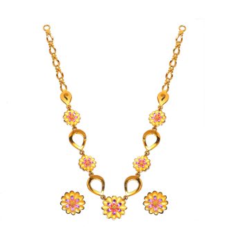 22K Gold Fancy Floral Pink Enamel Necklace & Earrings Set