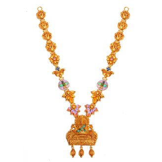 Divine Lakshmi 22K Gold Meenakari Necklace with Pastel Enamel & Peacock Motifs