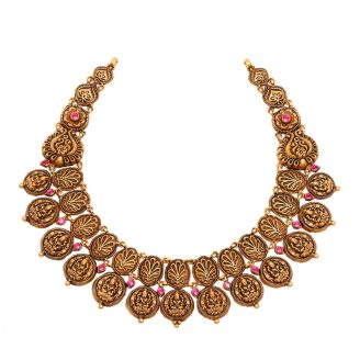916 Gold Necklace, Antique Gold Jewellery, Temple Jewellery, Lakshmi Coin Necklace, Kasu Mala Design, Gold Bridal Necklace, Traditional Indian Jewellery, Ruby Gold Necklace, South Indian Gold Design, 22K Gold Jewellery, Matte Finish Gold, Wedding Jewellery,