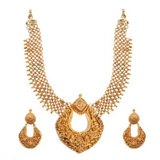 916 Gold Woven Mesh Necklace Set with Antique Floral Pendant & Matching Earrings