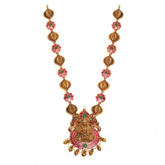 916 Gold Antique Lakshmi Haram with Ruby & Emerald Floral Design