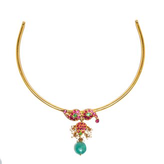 916 Gold Hasli Necklace with Kemp Stones, Pearls & Green Bead Drop
