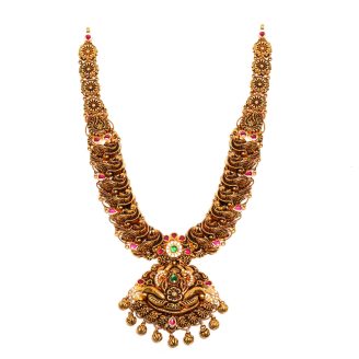 916 Gold Antique Lakshmi Haram Necklace with Peacock Motifs & Kemp Stones