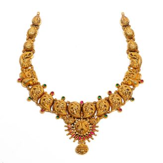 Traditional 916 Gold Antique Manga Malai Necklace with Peacock Motifs