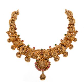 916 Gold Peacock Necklace with Ruby & Emerald Accents