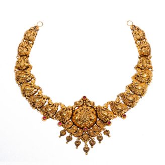 916 Gold Antique Peacock (Mayil) Necklace with Ruby Accents