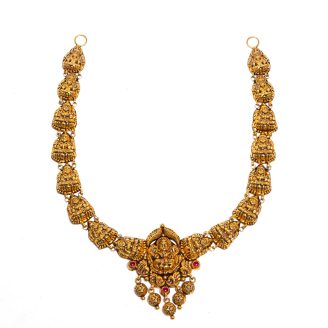 916 Gold Antique Lakshmi Necklace with Ruby & Gold Bead Drops