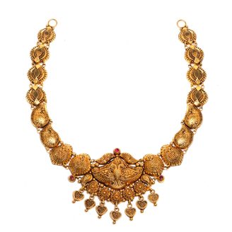 916 Gold Traditional Necklace with Peacock & Ruby Stone