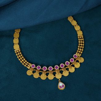 916 Gold Short Necklace with Ruby Stones & Gold Coin Drops