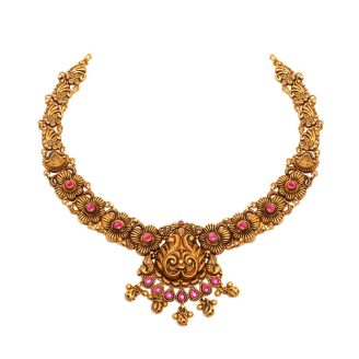 916 Gold Antique Finish Floral Necklace with Pink Stones