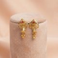 22k gold earrings, gold drop earrings, heart shape gold earrings, ruby stone gold earrings, minimalist gold jewelry, filigree gold earrings, daily wear gold earrings, South Indian gold jewelry, OVJ Jewels Dindigul, 916 gold earrings, gift for her, lightweight gold earrings, hanging gold earrings