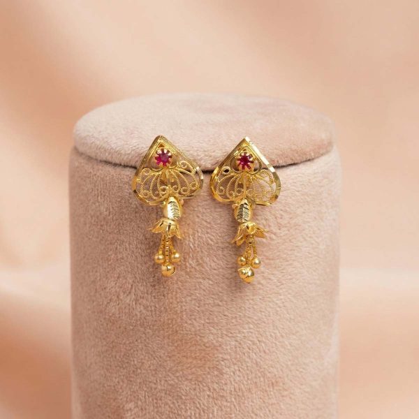 22k gold earrings, gold drop earrings, heart shape gold earrings, ruby stone gold earrings, minimalist gold jewelry, filigree gold earrings, daily wear gold earrings, South Indian gold jewelry, OVJ Jewels Dindigul, 916 gold earrings, gift for her, lightweight gold earrings, hanging gold earrings