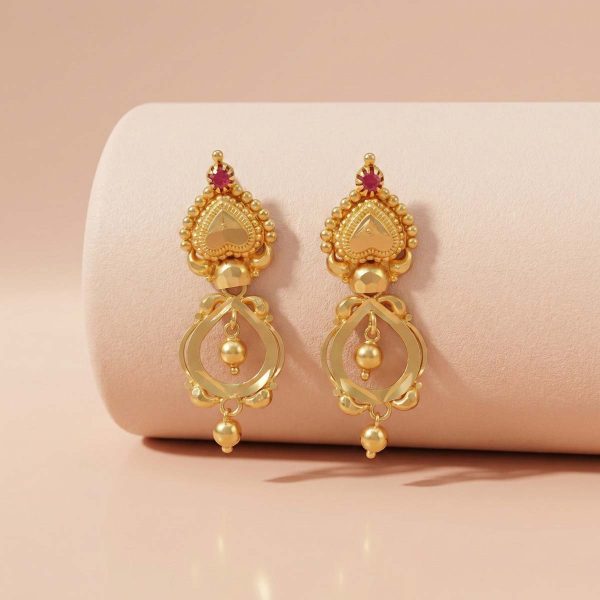 22k gold earrings, minimalist gold earrings, gold heart earrings, daily wear gold earrings, lightweight gold drops, gold earrings with stone, OVJ Jewels, South Indian gold jewellery, modern gold ear studs, women's gold earrings, 22k gold jewellery online, gift for her, heart shape earrings, ruby gold earrings