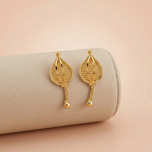 22k gold earrings, minimalist gold earrings, daily wear gold earrings, gold drop earrings, leaf shape earrings, gold filigree earrings, lightweight gold jewellery, women's gold earrings, Indian gold jewellery, OVJ Jewels, Dindigul jewellery, hallmark gold earrings, modern gold ear studs, mesh design earrings.