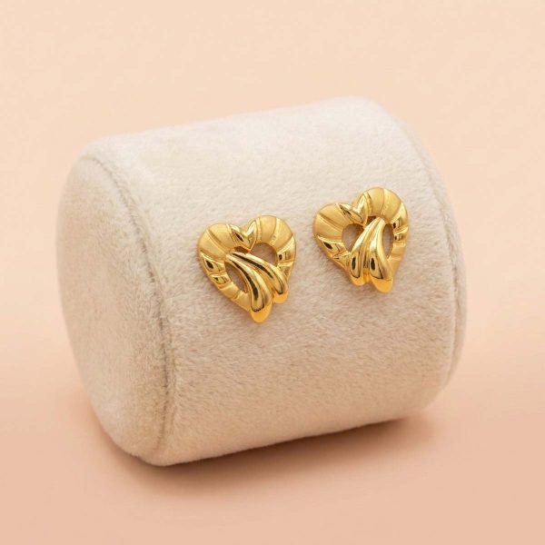 22k gold earrings, minimalist gold studs, gold heart earrings, daily wear gold earrings, ribbed heart studs, modern gold jewellery, 22k gold studs for women, lightweight gold earrings, OVJ Jewels earrings, gift for her