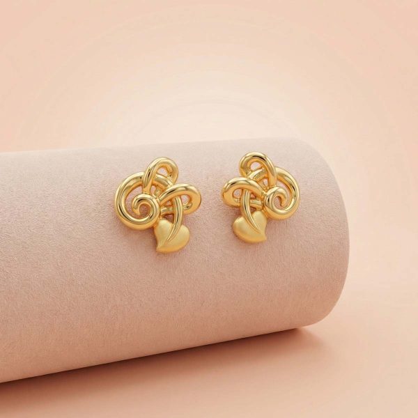 gold heart earrings, swirl design studs, abstract gold earrings, modern gold ear tops, lightweight gold jewellery