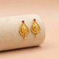 "22k gold minimalist drop earrings with red stone and gold bead hanging - OVJ Jewels"