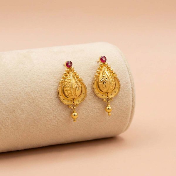 "22k gold minimalist drop earrings with red stone and gold bead hanging - OVJ Jewels"