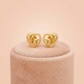 22k gold double heart minimalist stud earrings on pink display stand - OVJ Jewels