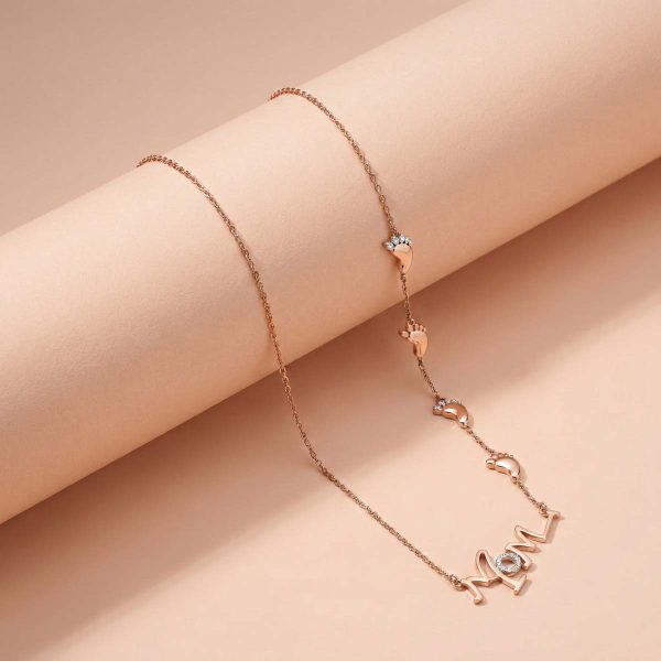 18k gold mom necklace, baby feet jewelry, minimalist gold chain for moms, rose gold mother's day gift, OVJ Jewels collection, personalized mom jewelry, fine gold jewelry India.