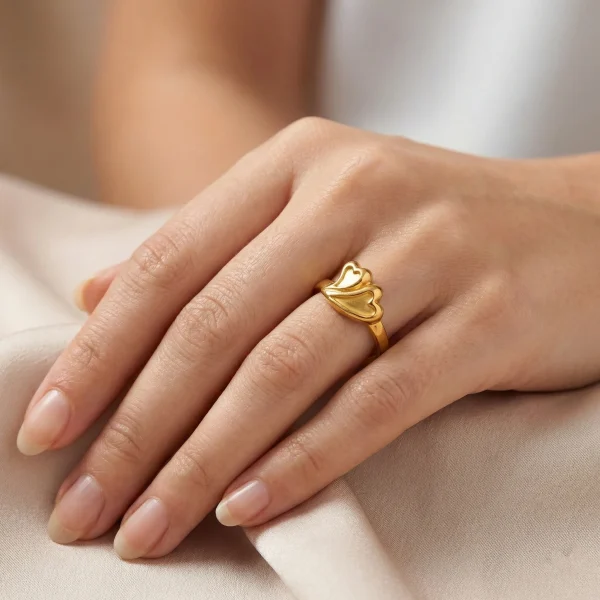 22k gold ring, women's minimalist jewelry, gold heart ring, twin heart design, OVJ Jewels, everyday gold ring, premium Indian jewelry, 22kt yellow gold, minimalist ring for her, romantic gold jewelry