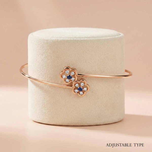 18k gold bracelet, minimalist jewelry, floral bracelet, open cuff bangle, adjustable gold bracelet, blue stone bracelet,