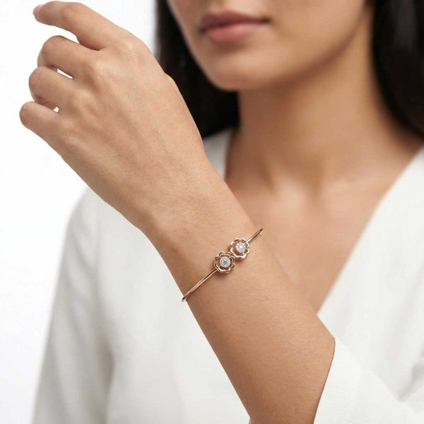 18k gold bracelet, minimalist jewelry, diamond floral bangle, adjustable gold bracelet, rose gold wristwear, dainty gold jewelry, gifts for her, OVJ Jewels, lightweight gold bangle, Ind