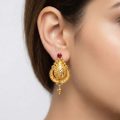 "22k gold minimalist drop earrings with red stone and gold bead hanging - OVJ Jewels"