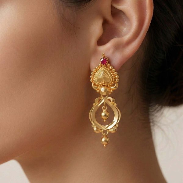 22k gold earrings, minimalist gold earrings, gold heart earrings, daily wear gold earrings, lightweight gold drops, gold earrings with stone, OVJ Jewels, South Indian gold jewellery, modern gold ear studs, women's gold earrings, 22k gold jewellery online, gift for her, heart shape earrings, ruby gold earrings