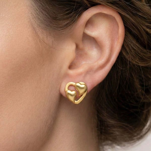 22k gold double heart minimalist stud earrings on pink display stand - OVJ Jewels