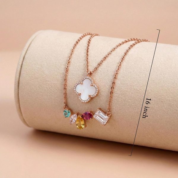 18k gold necklace, minimalist gold chain, mother of pearl clover necklace, multi gemstone gold jewelry, rose gold rainbow necklace, fine jewelry for women, 18k gold minimalist jewelry
