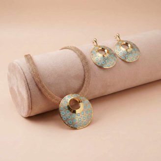floral gold necklace turquoise statement necklace gold disc pendant 18k gold jewelry set OVJ Jewels necklace contemporary gold jewelry