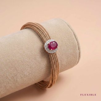 Flexible gold mesh bracelet Oval ruby diamond halo OVJ Jewels gemstone collection Multi-strand gold jewelry July birthstone gold bracelet Red gemstone flexible bangle